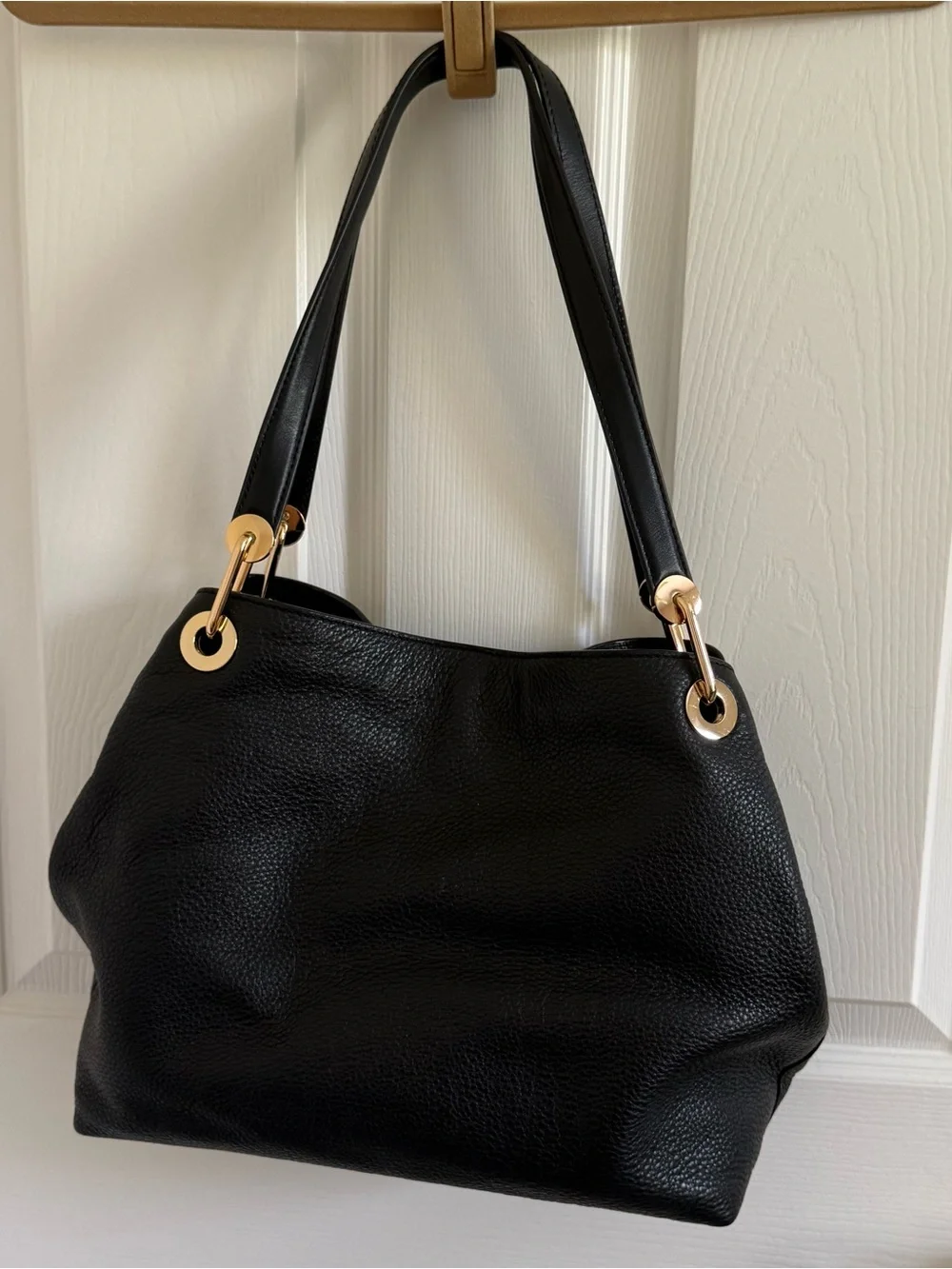 Michael Kors Black Pebbled Leather Shoulder Tote with Gold Hardware